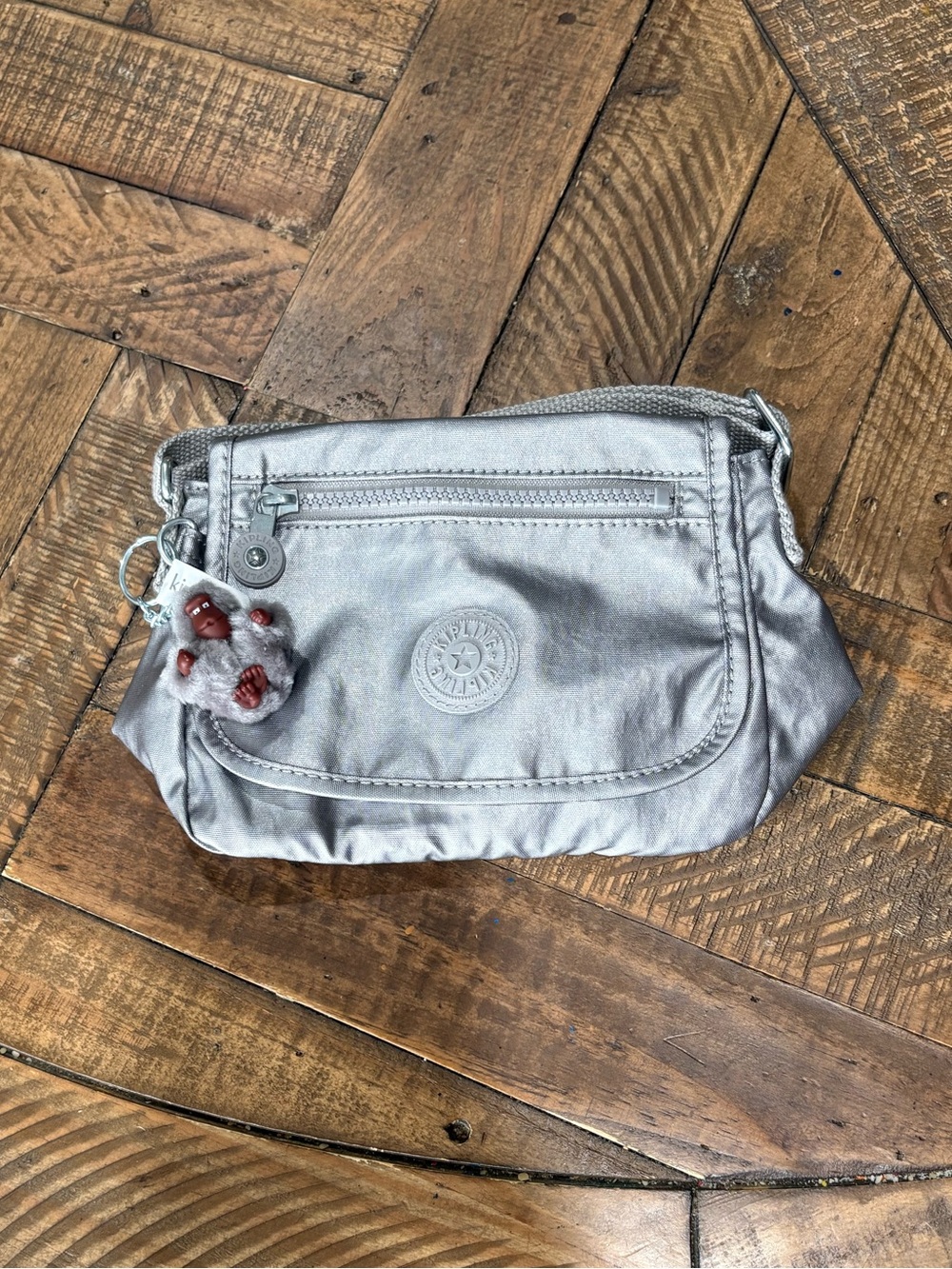 Kipling Metallic Silver Crossbody Bag Monkey Charm Adjustable Strap